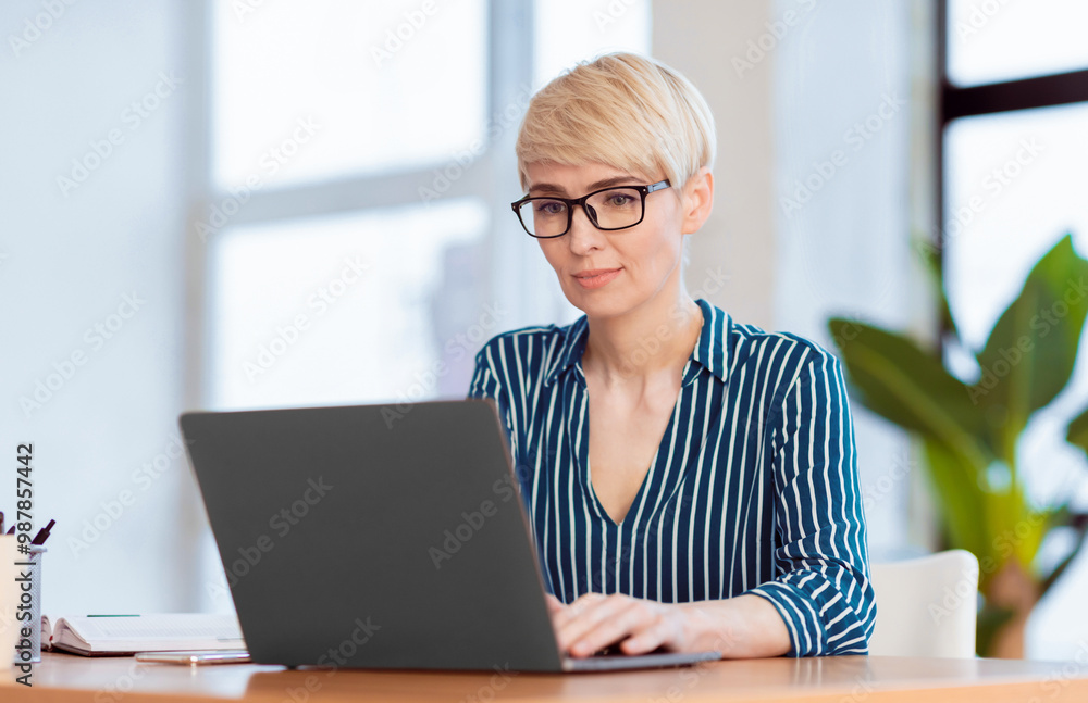Business Career. Mature Office Manager Lady Working On Laptop Computer Sitting At Workplace Indoor. Selective Focus Business Career. Mature Office Manager Lady Working On Laptop Computer Sitting At Workplace Indoor. Selective Focus