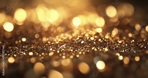 Sparkling golden glitter scattered on a surface in soft light for a festive c...