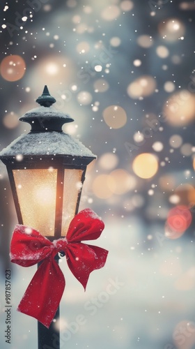 Snowy winter night with a lit street lamp adorned with a red bow in a festive...