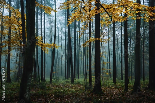 Misty Autumn Forest, Golden Leaves, Dark Trees, Fog, Nature, Woodland