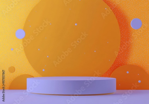 Bright orange background with colorful geometric shapes and a circular displa...