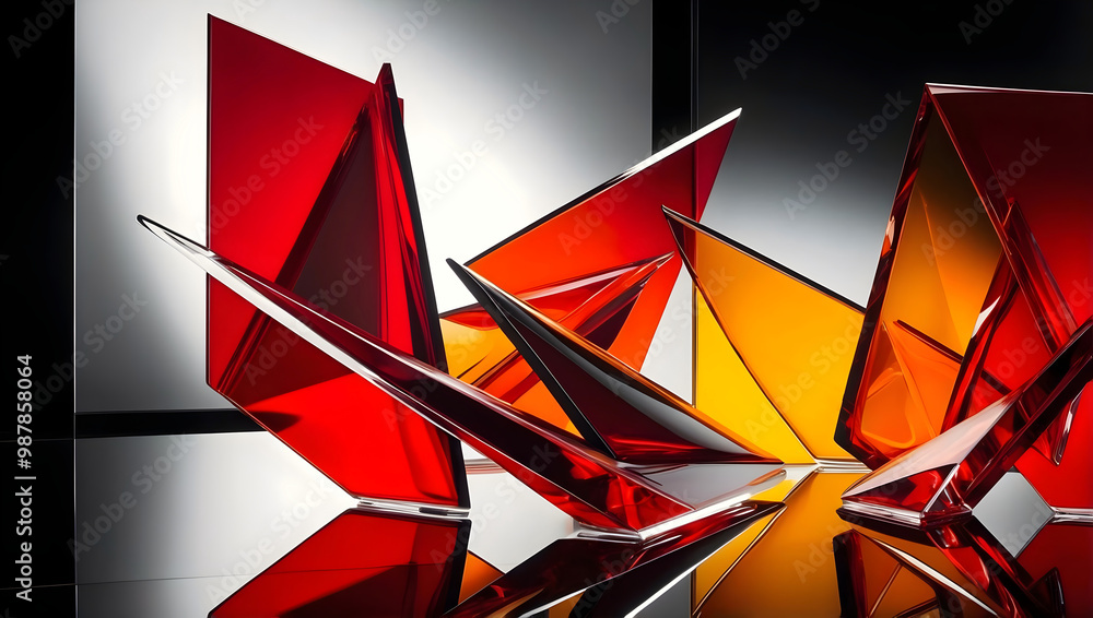 Abstract elegant background, artistic shapes made of glass, red, yellow orange template, modern shiny wallpaper, copy space area