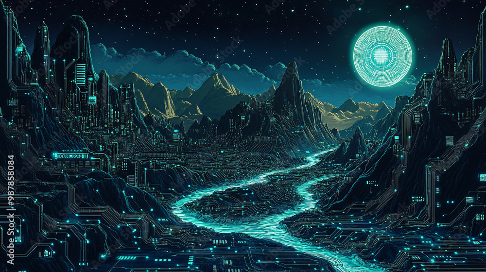 Obraz premium A surreal landscape where mountains and rivers are composed of glowing microchip circuits. 