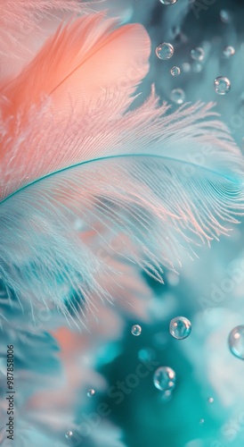 Delicate pink feathers gently float in a shimmering blue background with soft...