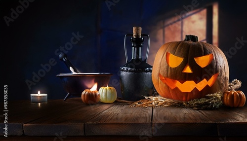 The image is a digital rendering of a Halloween-themed table setting. It features a wooden table with various Halloween-related objects, including a jack-o-lantern, a cauldron, a bottle of oil, and a 