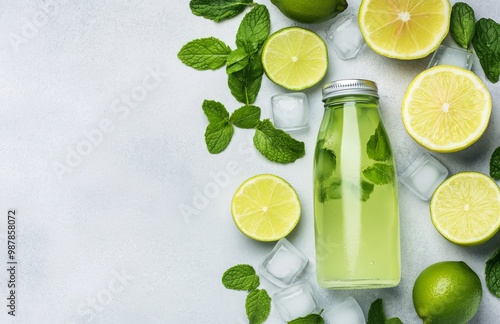 Refreshing homemade lime mint beverage with fresh lime slices and mint leaves...