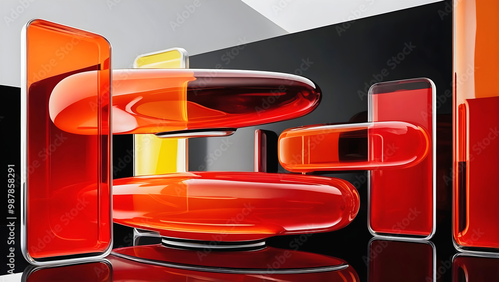 Abstract elegant background, artistic shapes made of glass, red, yellow orange template, modern shiny wallpaper, copy space area