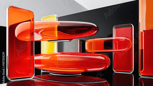 Obraz na płótnie Abstract elegant background, artistic shapes made of glass, red, yellow orange template, modern shiny wallpaper, copy space area w salonie