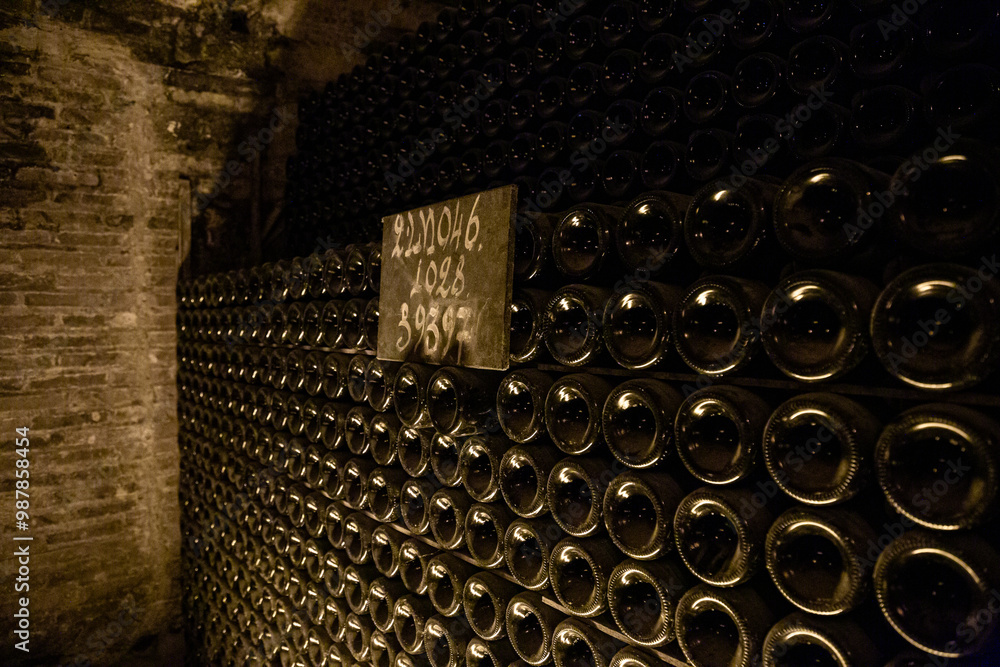 Wine bottles in historic cellar tunnel Wine bottles in historic cellar tunnel