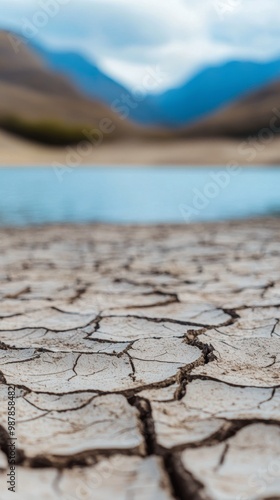 Dried cracked earth near a serene lake bordered by mountains on a cloudy day