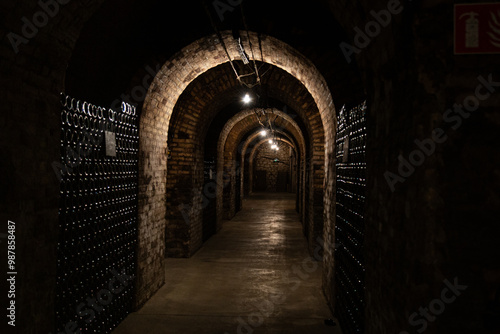 Schilderij op canvas Wine bottles in historic cellar tunnel