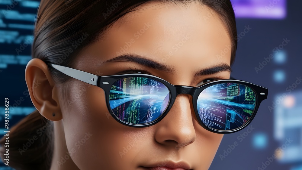 Data reflecting on eyeglasses on woman's face. Computer programmer big data and ux designer concept. Data reflecting on eyeglasses on woman's face. Computer programmer big data and ux designer concept.