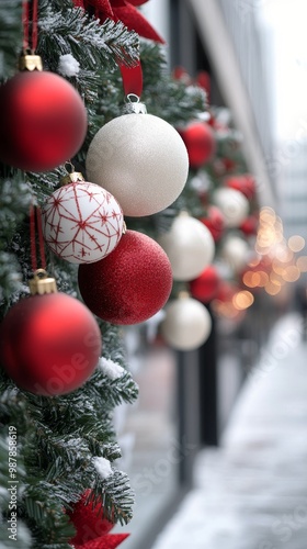 Festive holiday decorations adorn a city street with sparkling ornaments and ...