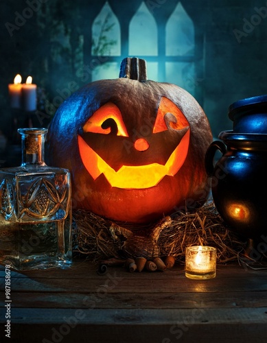 A carved jack-o-lantern sits on a table next to a bottle of liquor, a potion, and candles.