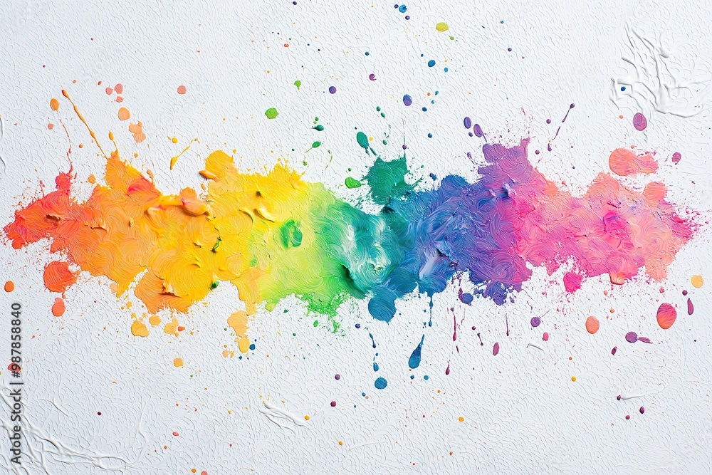 Colorful rainbow paint splatter creating a vibrant design on textured white paper adds artistic flair to any creative project Colorful rainbow paint splatter creating a vibrant design on textured white paper adds artistic flair to any creative project