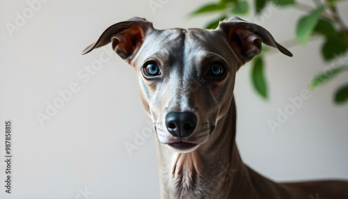 Portrait of a Italian Greyhound with dark eyes, sleek gray coat, relaxed expression, natural lighting highlighting the coat texture, plain blurred background