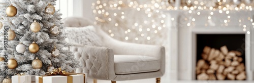 Cozy holiday setting with decorated Christmas tree and golden ornaments in so...