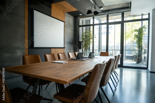 A spacious meeting room featuring a large wooden table and leather chairs, perfect for collaborative discussions in a modern office setting