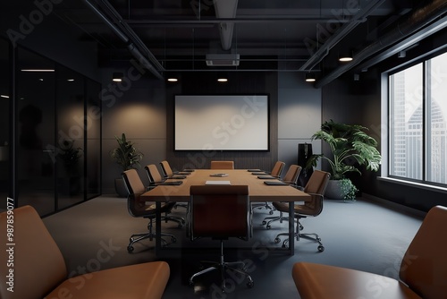 A spacious modern conference room features a large wooden table surrounded by leather chairs, designed for collaborative meetings and presentations