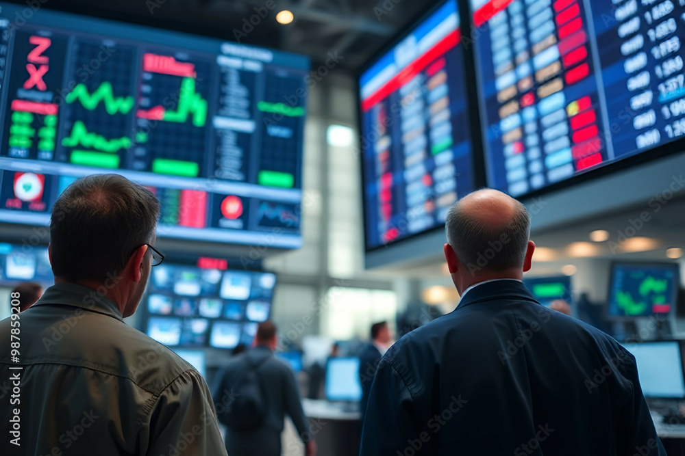 Traders and investors watching stock prices at trading floor in stock exchange Traders and investors watching stock prices at trading floor in stock exchange