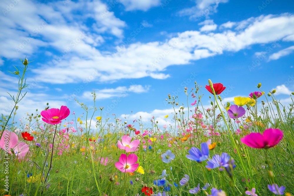 A vibrant field of wildflowers in bloom under clear blue skies during springtime in a picturesque countryside setting A vibrant field of wildflowers in bloom under clear blue skies during springtime in a picturesque countryside setting