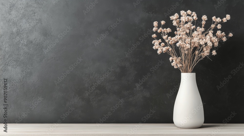 Minimalist vase with dried flowers against a light gray wall in a modern interior setting Minimalist vase with dried flowers against a light gray wall in a modern interior setting