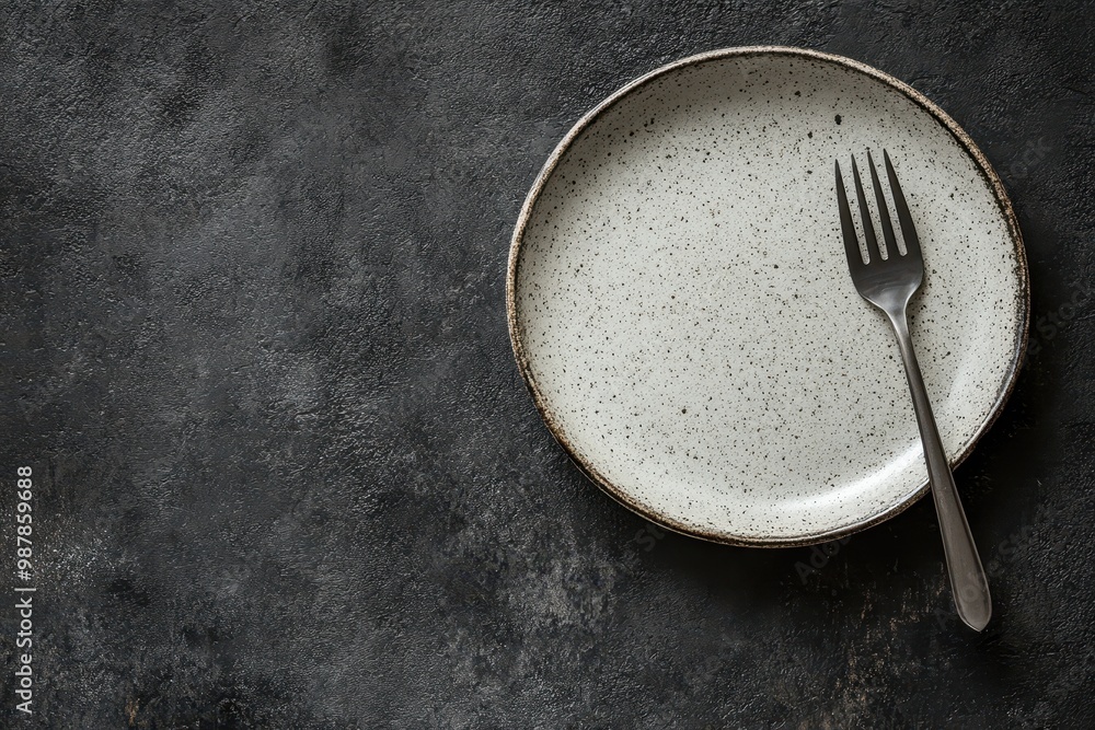 Bare round ceramic plate on dark concrete surface with cutlery ready for dinner Bare round ceramic plate on dark concrete surface with cutlery ready for dinner
