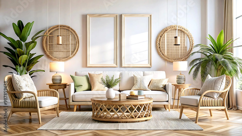 Home interior mock-up with rattan furniture, table and decor in living room, 3d render, white Mock up frame