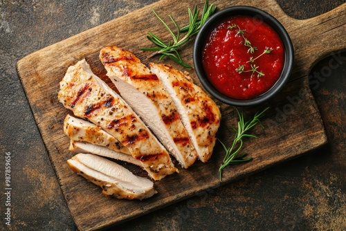 Barbecued turkey or chicken fillet in red sauce sliced and presented on a wooden board with a brown stone backdrop