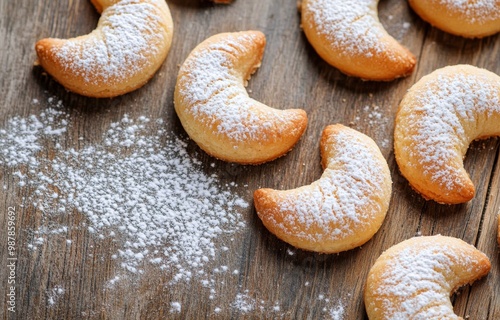 Freshly baked crescent-shaped cookies on a rustic wooden table with powdered ...