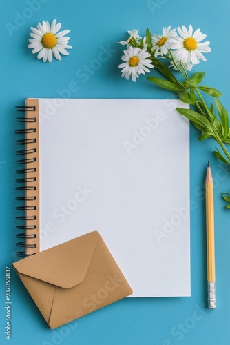 A blank notebook, pencil, flowers, and an envelope positioned on a blue backg...