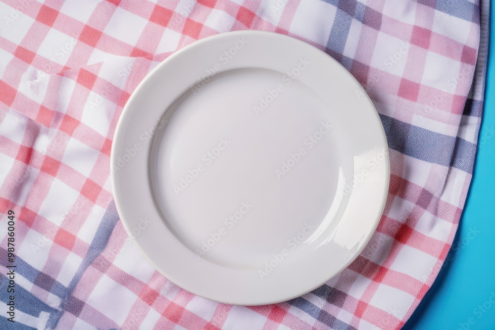 Bird s eye view of a blank round white plate on a colored tablecloth ready for design Bird s eye view of a blank round white plate on a colored tablecloth ready for design