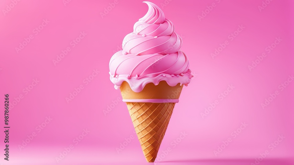 A pink ice cream cone with swirled topping against a vibrant pink background. A pink ice cream cone with swirled topping against a vibrant pink background.
