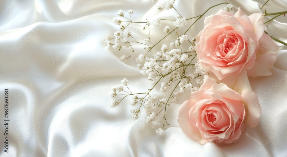 Soft pink roses arranged elegantly on silk fabric with delicate baby's breath scattered around Soft pink roses arranged elegantly on silk fabric with delicate baby's breath scattered around
