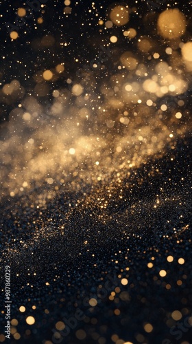 A mesmerizing display of golden glitter particles sparkling against a dark ba...