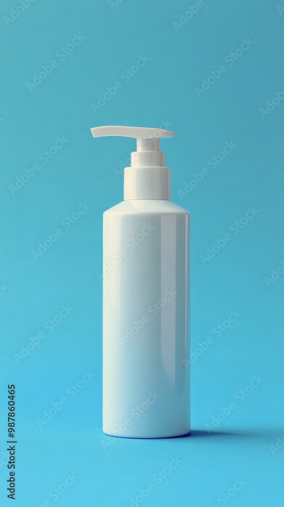 Simple white pump bottle on a light blue background for cosmetic or skincare products Simple white pump bottle on a light blue background for cosmetic or skincare products