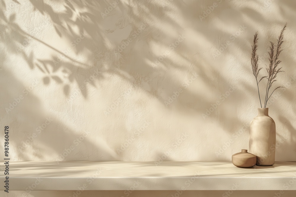 Blank table against a beige wall with leaf shadows Ideal for showcasing products or branding Blank table against a beige wall with leaf shadows Ideal for showcasing products or branding