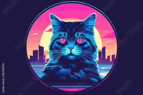Neon Cat Illustration with Vibrant Cityscape and Sunset
