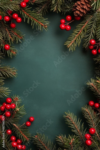Festive holiday wreath adorned with pinecones and red berries on a green back...
