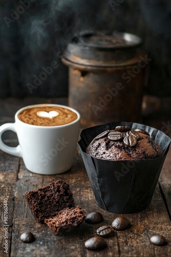 Indulging in rich coffee with a chocolate muffin next to a vintage coffee pot...