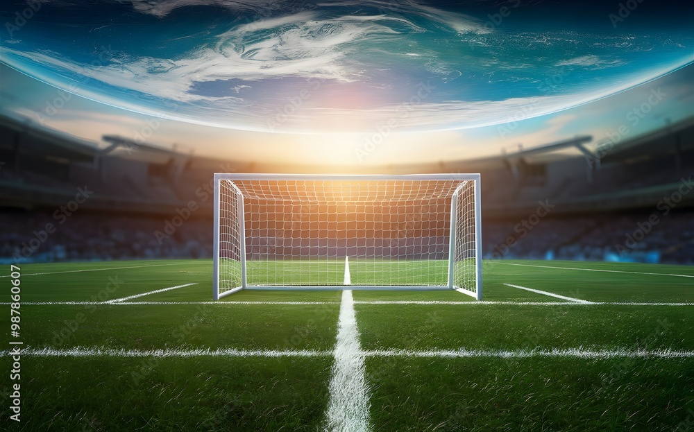 Fototapeta premium Soccer goal post on a green field in an empty stadium with a sunset and the earth in the background.