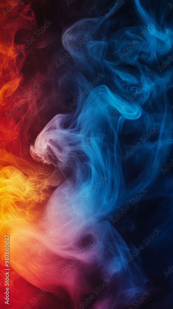 Fototapeta premium Vibrant colorful smoke swirling in artistic patterns against a dark background during nighttime