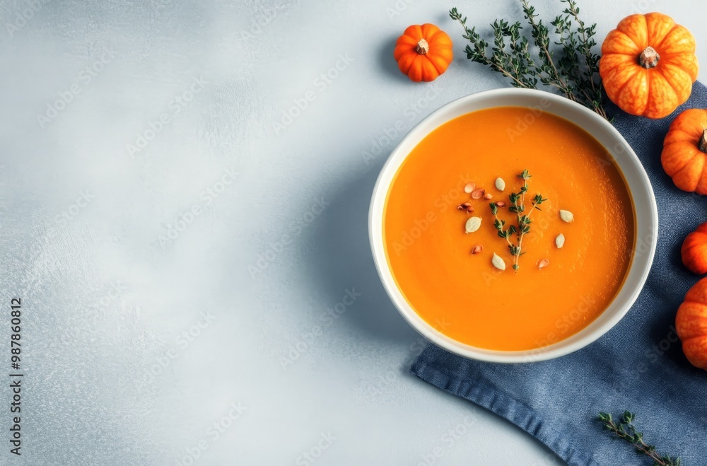 Warm bowl of pumpkin soup with mini pumpkins and fresh herbs on a textured surface Warm bowl of pumpkin soup with mini pumpkins and fresh herbs on a textured surface