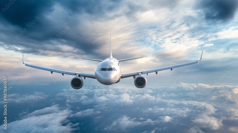 Obraz premium Passenger airplane flying in sky composition background