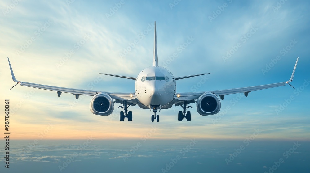 Fototapeta premium Passenger airplane flying in sky composition background