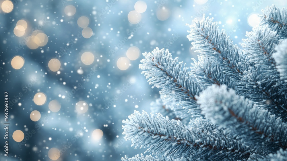 Frosted pine branches frame a serene blue background, perfect for winter and holiday themes Frosted pine branches frame a serene blue background, perfect for winter and holiday themes