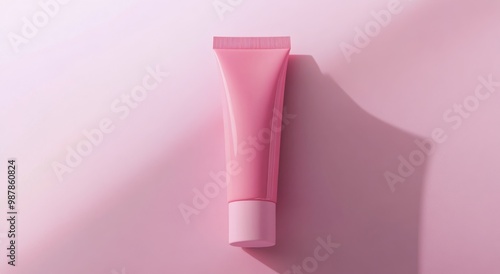 A soft pink tube of cream stands against a pastel pink backdrop in a serene s...