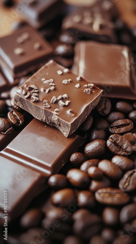 Indulgent dark chocolate surrounded by coffee beans on a wooden surface in th...