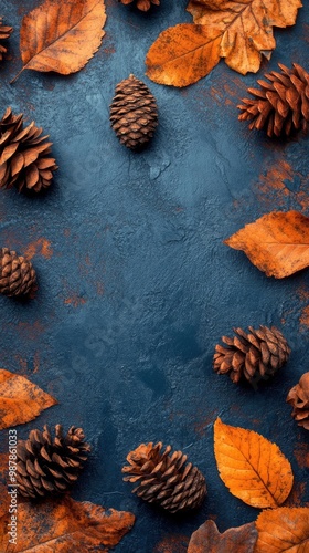 Pine cones and autumn leaves arranged on a blue textured background in a deco...