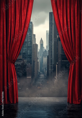 A dramatic view of a city skyline framed by red curtains on a foggy day